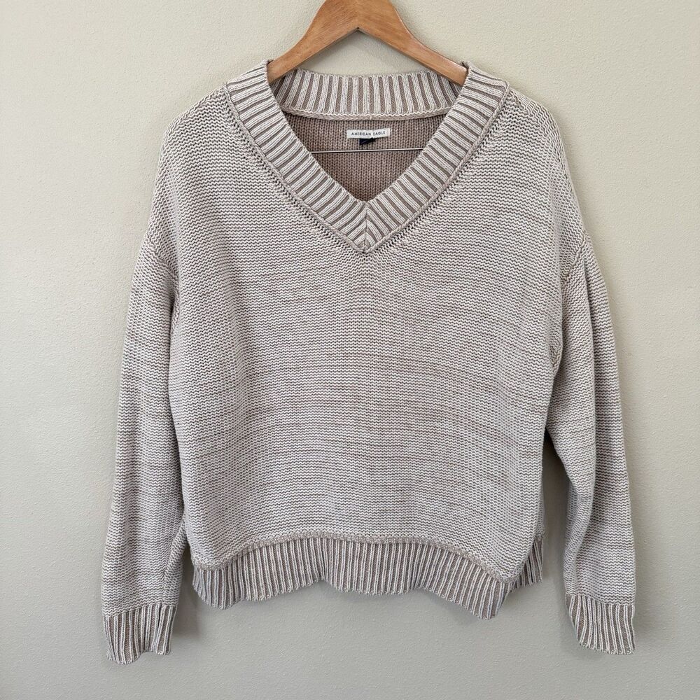 American Eagle Chunky Knit V-Neck Sweater Womens S Cotton Preppy Neutral Beige